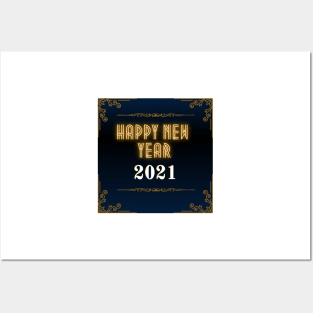 happy new year 2021 holiday retro vintage theme blue gold yellow brown border pattern Posters and Art